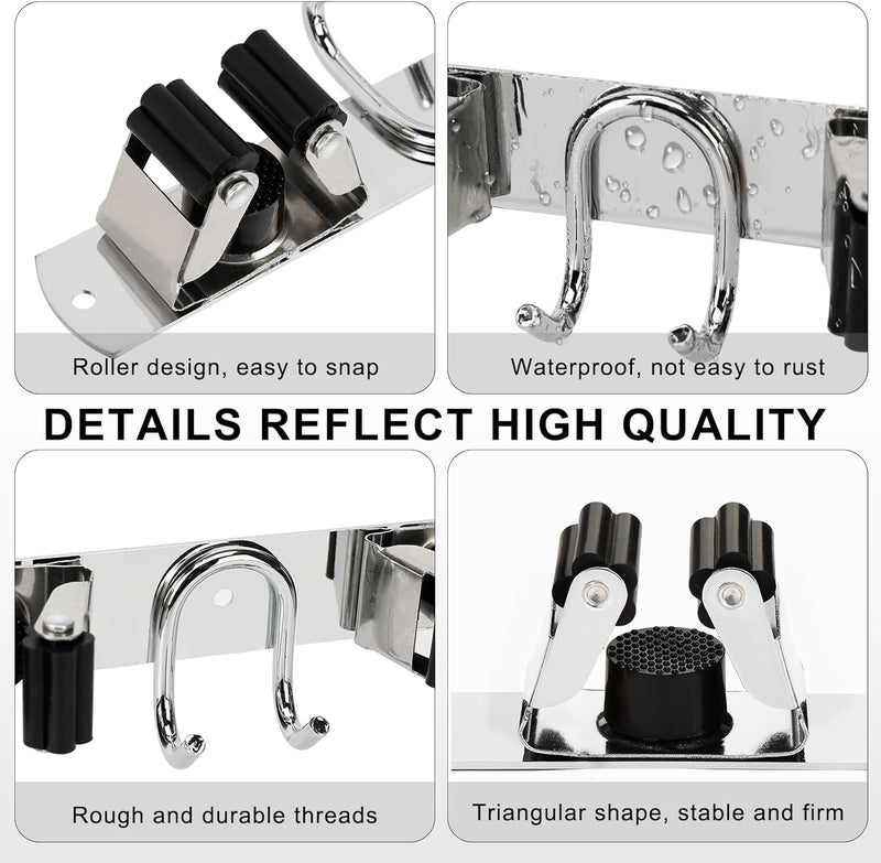 GUUKAR Mop Broom Holder Wall Mount, Silver Stainless Steel Tool Storage Organizer for Kitchen Garden Garage Laundry Room Bathroom and RV with 4 Slots 6 Hooks - Image 4